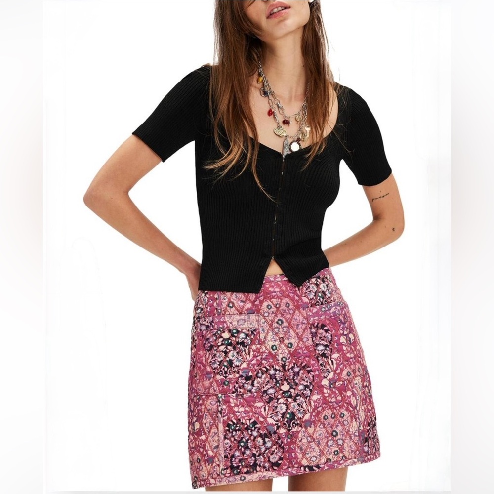 Free People Darla Quilted Mini Women's Pink Floral Patchwork Mini Skirt Size 10